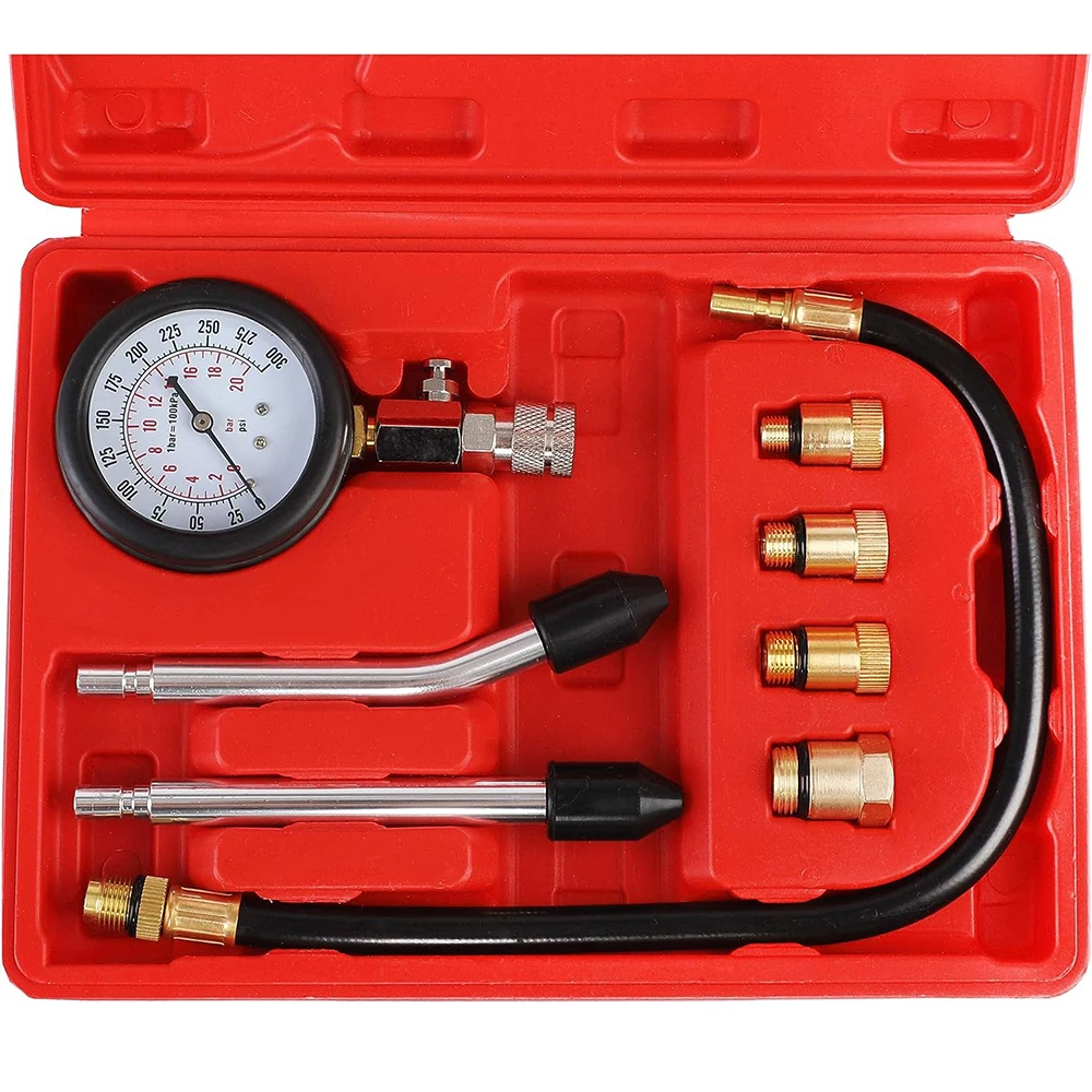 

Gasoline Engine Compression Meter with M10 M12 M14 M18 Adapter 0-300 PSI Pressure Gauge Automotive Cylinder Tester Kit
