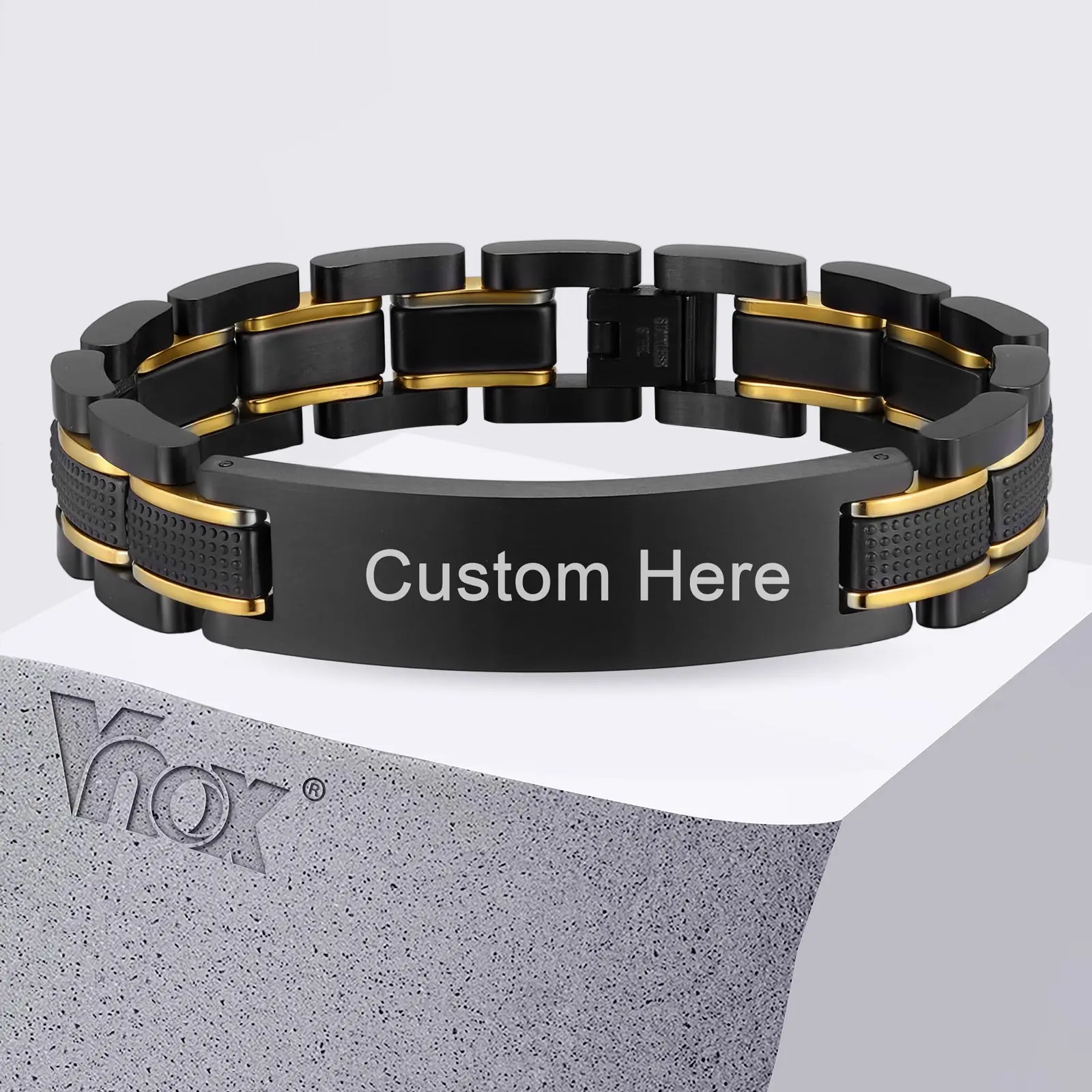 

Браслет Vnox из нержавеющей стали с бесплатной гравировкой для мужчин и мальчиков, широкий (14 мм) массивный ремешок для часов, регулируемый браслет, подарок для папы, мужа