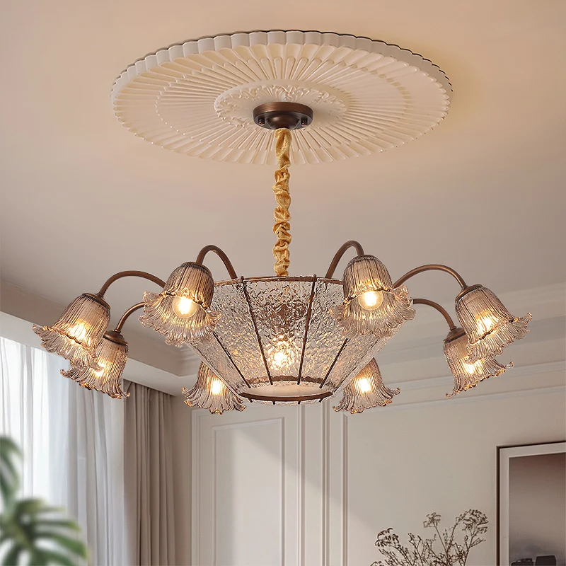 LED American Vintage Pendant Lights Wrought Chandeliers Flower Shape Glass Hanging Lamps Bedroom