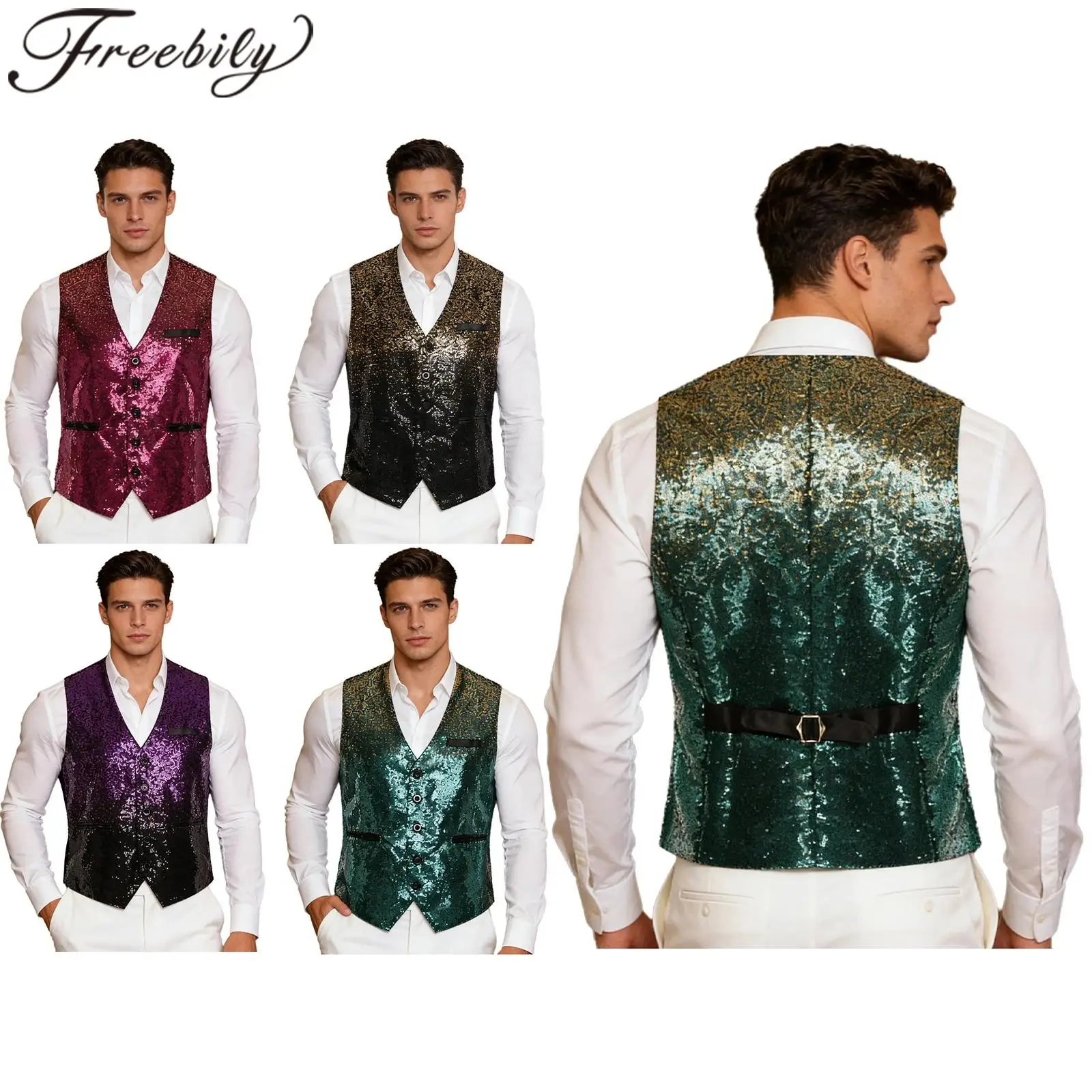 

Mens Waistcoat Gradient Sequin 70s Disco Jazz Dance Glittery Vest Tops Festival Vintage Cocktail Waiter Cosplay Costume Tank Top