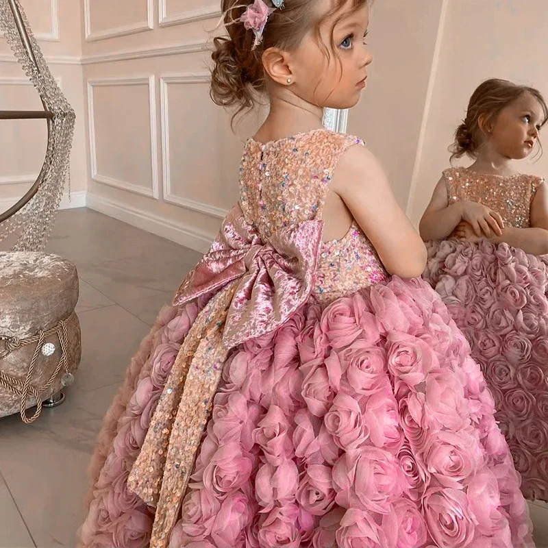 custom-luxury-dress-flowergirl-wedding-pageant-pink-3d-rose-sequin-bow-kid-luxe-birthday-guest-evening-runway-show-ball-gown