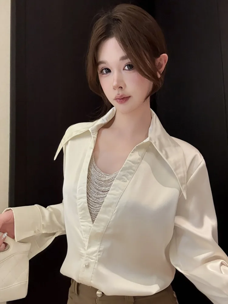 

Fashionable Heavy-Weight Chain Link V-Neck Long Sleeve Women's Shirt Early Spring New Style Beautiful Base Shirt Elegant Top