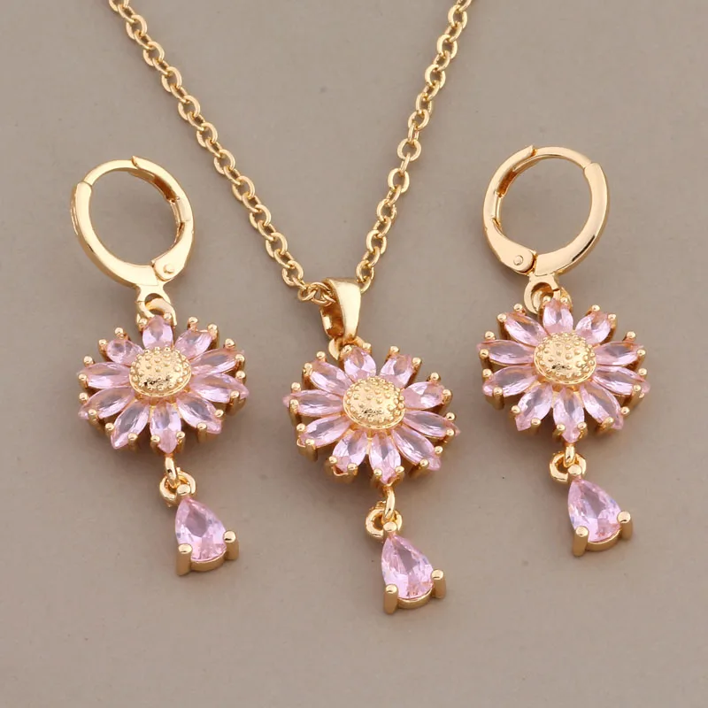 New Luxury Jewelry Sets Of Necklaces And Earrings Gold Color Flower Earrings Pink Natural Zircon Daily High Quality Jewelry Sets