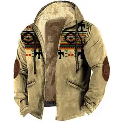 Casaco de zíper manga longa com estampa tribal masculina, Jaqueta quente, Roupa grossa, Parkas de inverno, Casacos, Vintage