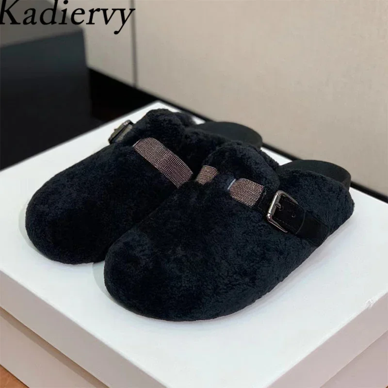 

New Arrival Wool Slippers Women Round Toe Mules Shoes Woman Flat Slides Metal Buckle String Bead Fashion Comfort Slippers Woman