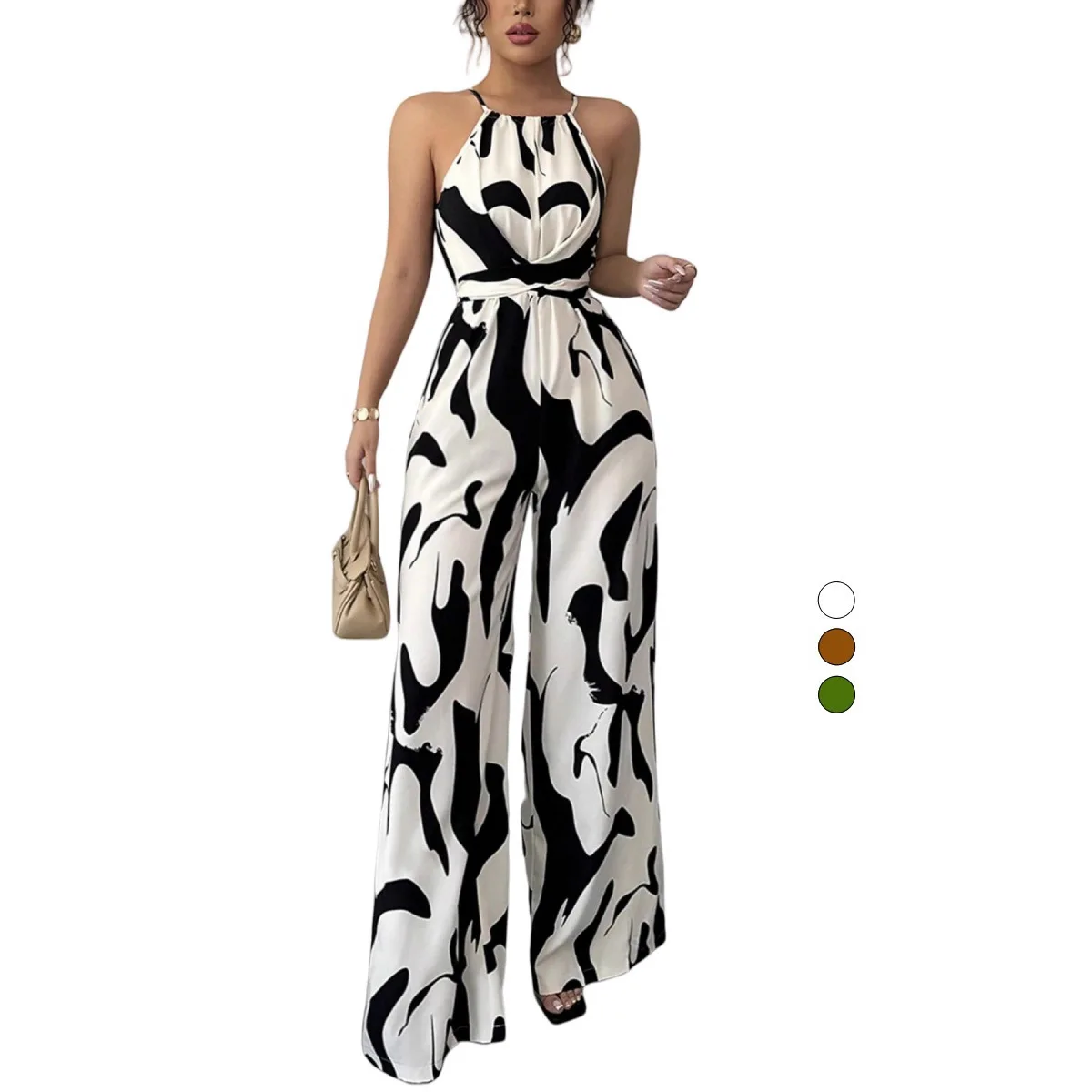 

Christmas versatile tie up waist slimming print hanging neck jumpsuit with 100% polyester fiber material, lightweight and smooth