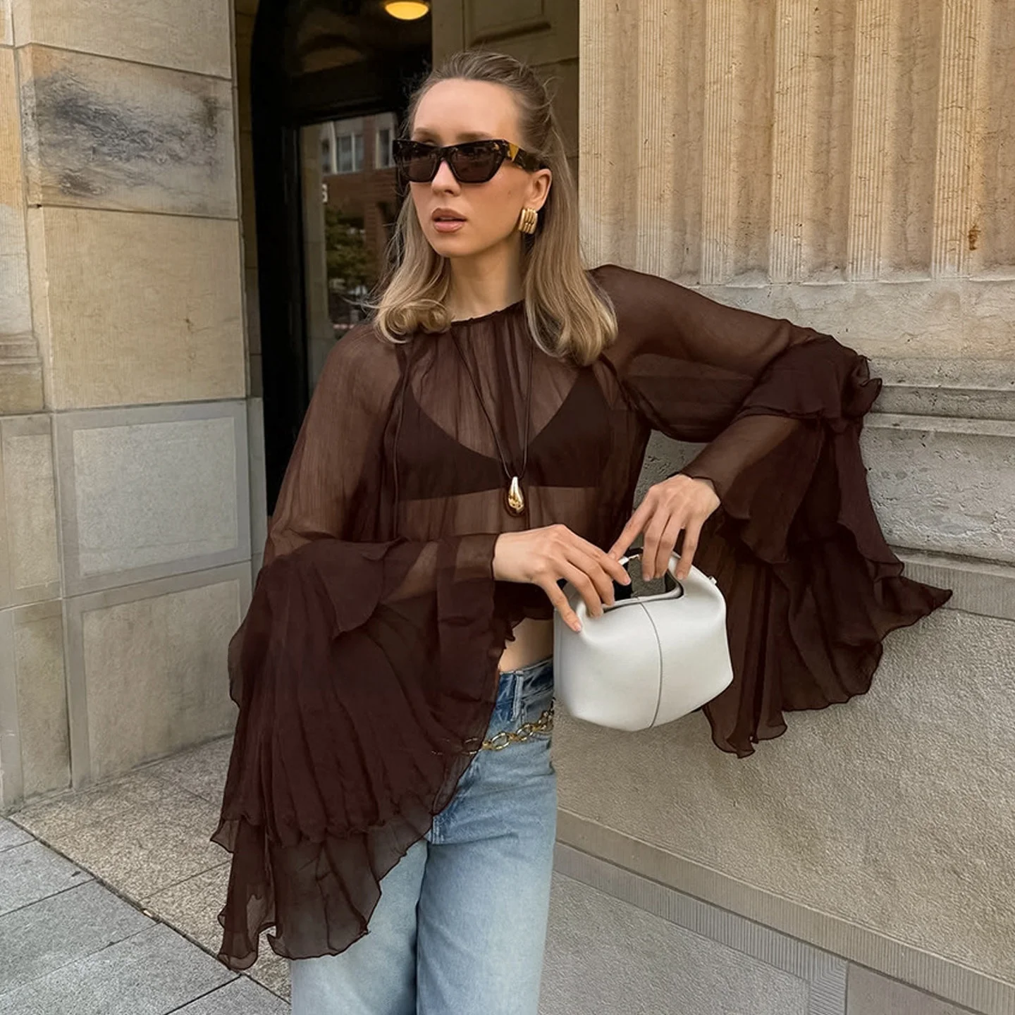 

Нежная свободная шифоновая блузка с прозрачными вставками, кружевной отделкой, длинными рукавами, круглым вырезом, для повседневной носки, с мягкими рукавами-воланами и прозрачным дизайном.