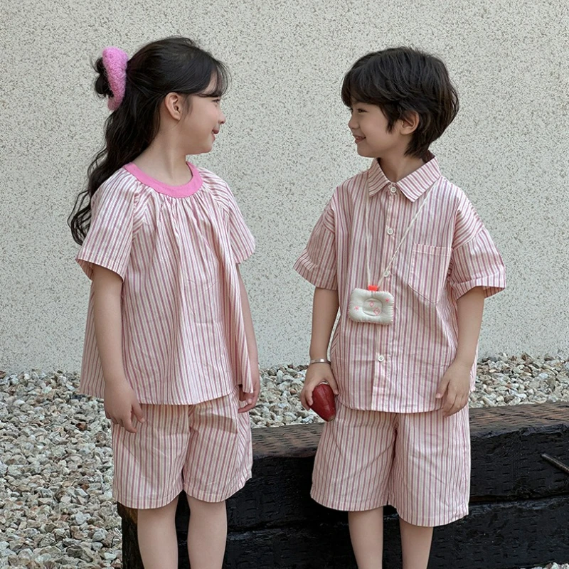2025 Summer Sibling Matching Sets Short Sleeved T-shirt Striped Color Block Shirts & Shorts Designer Inspired Casual Outfits