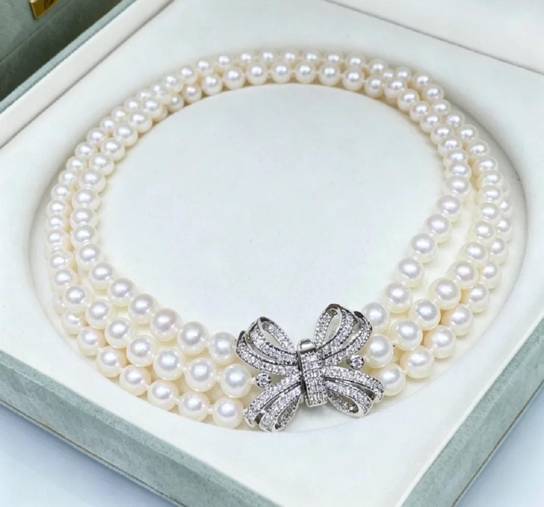 Gorgeous/3-Row Necklace AAAA 5.5-6mm 6-7mm  Natural Round White Pearl Necklace 16 