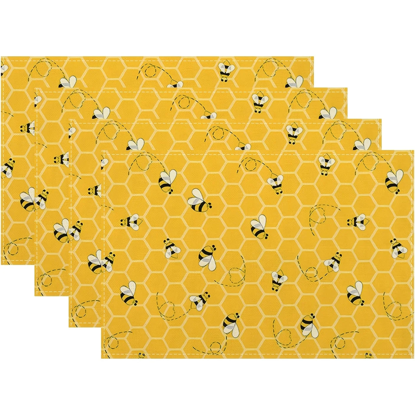 Bright Yellow Black Bee Hive Hexagon Pattern Rectangular Placemat Set For Nature Theme Table Decor Coffee Shop