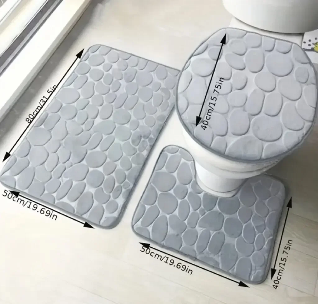 3PCS/Set Non-slip Soft Bath Mat Toilet Cover Carpet Cobblestone Embossed Floor Mat Bathroom Absorb Water Can Be Washed