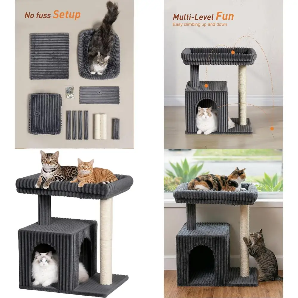 

Большой кошачий комплекс с лежанкой 20.9x15.7 дюймов, башней 22.8 дюйма, когтеточкой и 2-дверным домиком - темно-серый