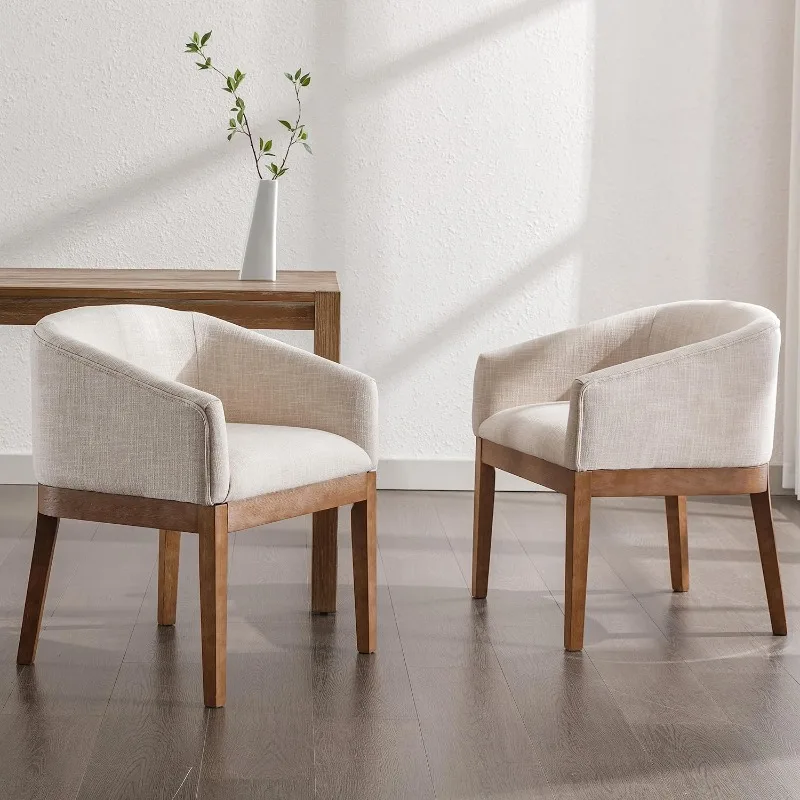 Beige Dining Chairs Set of 2 Mid-Century Modern Dining Chairs, Linen Upholstered Kitchen Dining Room Chairs Curved Backrest Dini