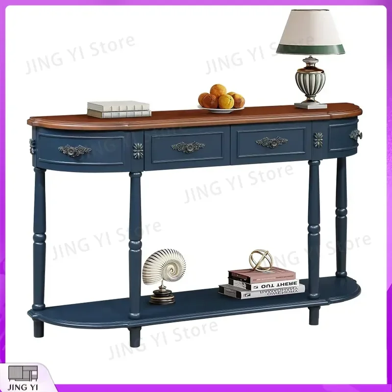 52 Inch Retro Curved Wooden Porch Table with Open Shelves and 2 Drawers Solid Wood Sofa Table for Living Room Hotel Office