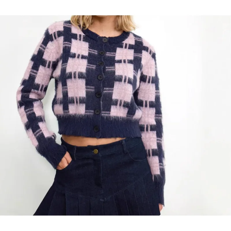 

Fall/Winter 2025 New Plaid Contrast Knitted Jacket Crew Neck Single-breasted Imitation Mink Mixed Cropped Sweater Cardigan Women