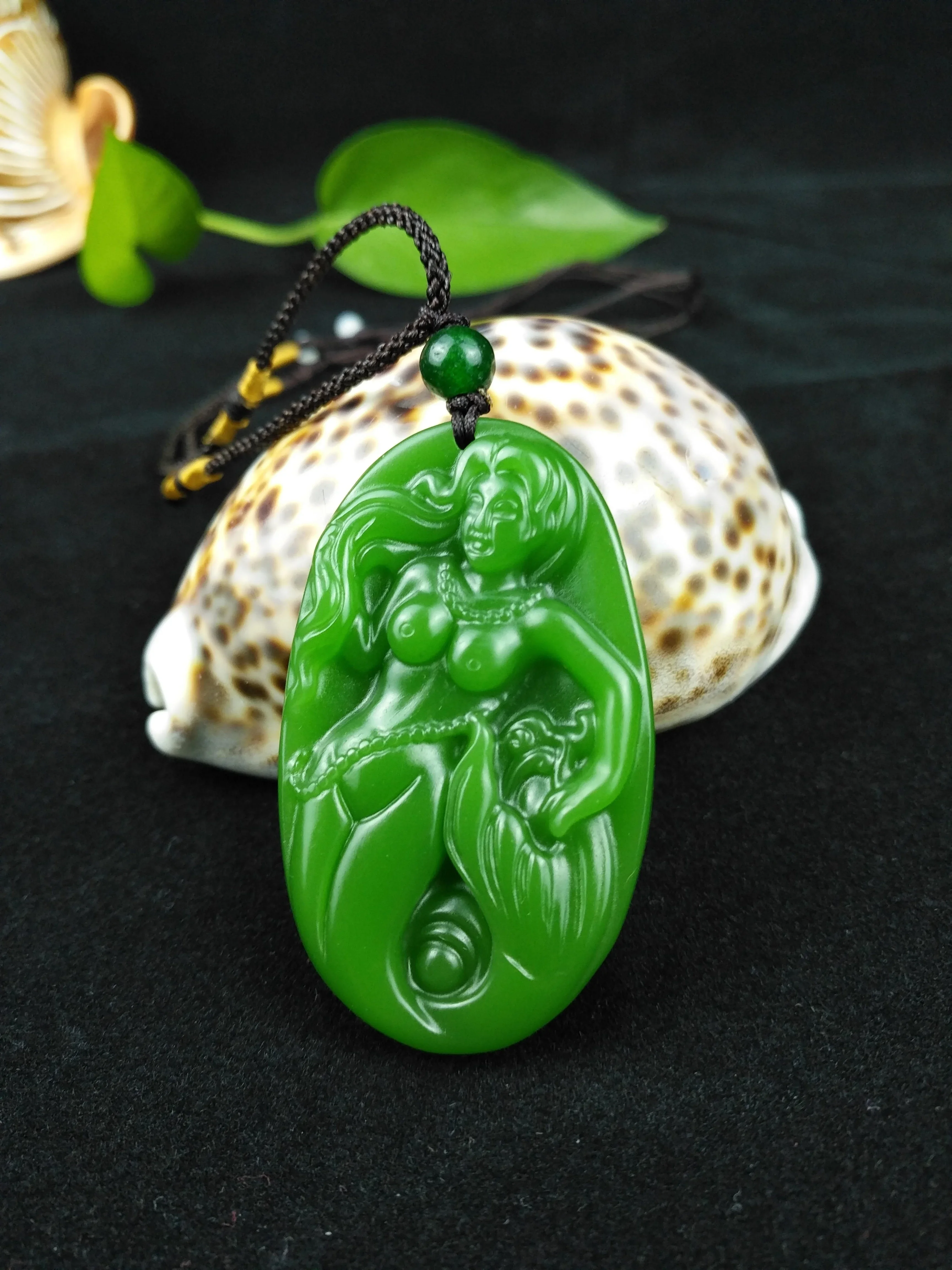 Chinese Green Jade Mermaid Pendant Beads Necklace Charm Jewellery Fashion Accessories Hand-Carved Men Lucky Gifts Amulet Hot