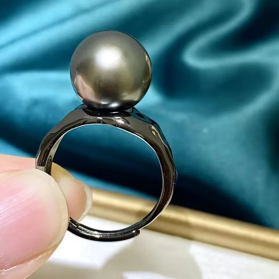 MeiBaPJ 11mm Peacock Blue Natural Round Pearl Fashion Black Ring Real 925 Silver Empty Holder Fine Wedding Jewelry For Women