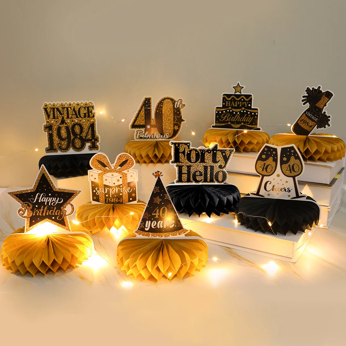 Black Gold Birthday Honeycomb Ornament Light Happy 30th 40th 50th Birthday Party Decor Adult 30 40 50 Years Old Party Supplies