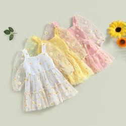 Cute Toddler Baby Girl Princess Dress Elegant Daisy Print Long Sleeves Mesh Tulle Party A-Line Dress for Toddler 3M-3Y