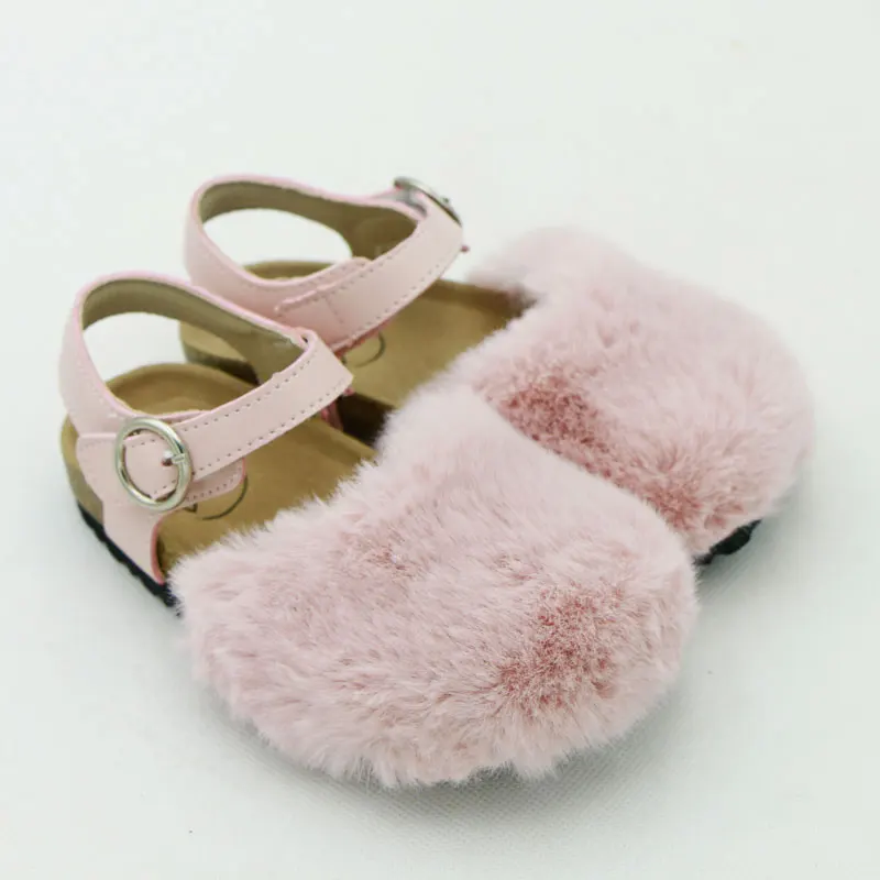 Girls Leather Shoes Spring and Fall Flat Rabbit Fur Cork Sandals Casual