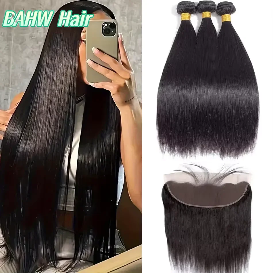 Straight Human Hair Bundles with Frontal Malaysian Remy Hair Straight Weave 3 Bundles with 13x4 Lace Frontal Hair Natural Color