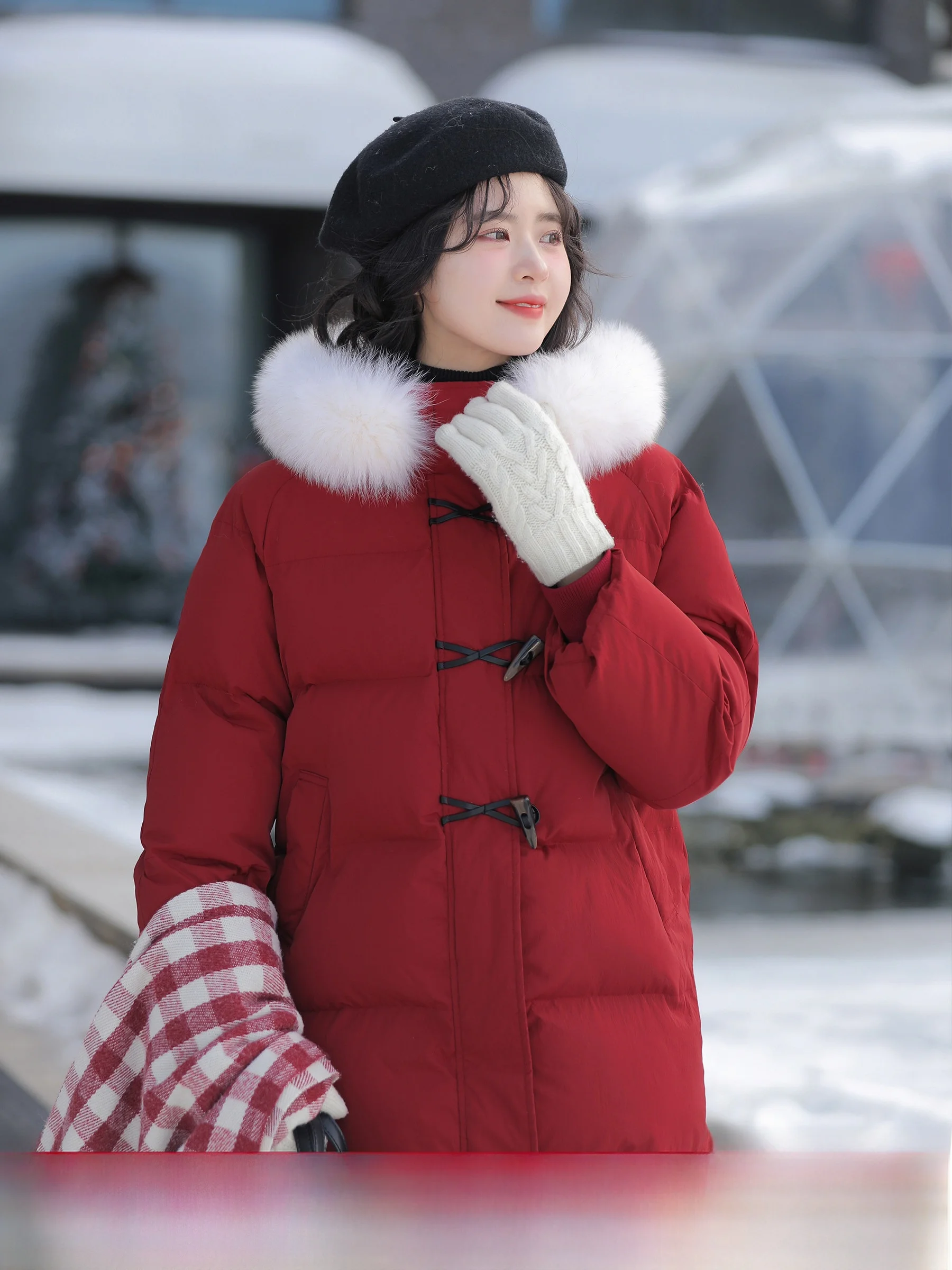 

Lingjiu Frontier Wild Rose Women's down Jacket Red New Year Loose Large Fur Collar Coat Korean Style Straight Cut Warmth