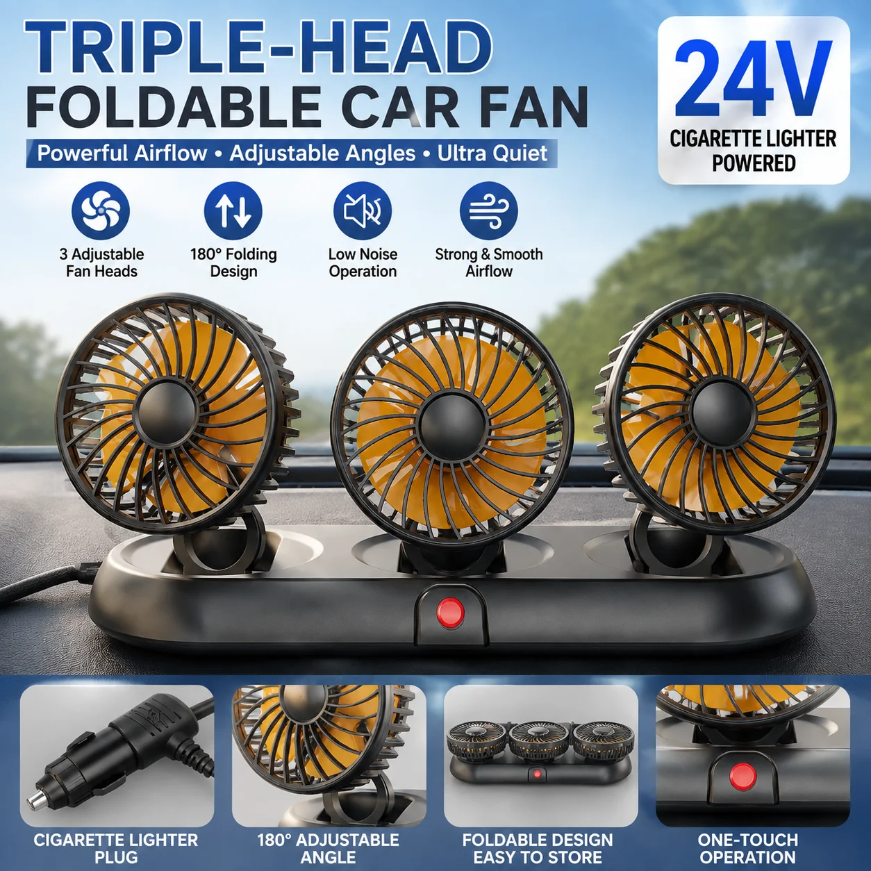 Lcars Car-Mounted Three-Head Fan 360 °   Rotating and Adjustable, Multi-Speed, Silent, High-Wind Power, Small Fan for Car Dashboard Summer Cooling.
