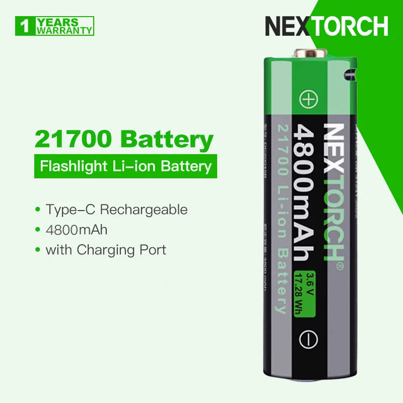 Nextorch 21700 Battery for Flashlights, Multiple circuit protection, 4800mAh, Type-C Rechargeable Port, with Red/Blue Indicator