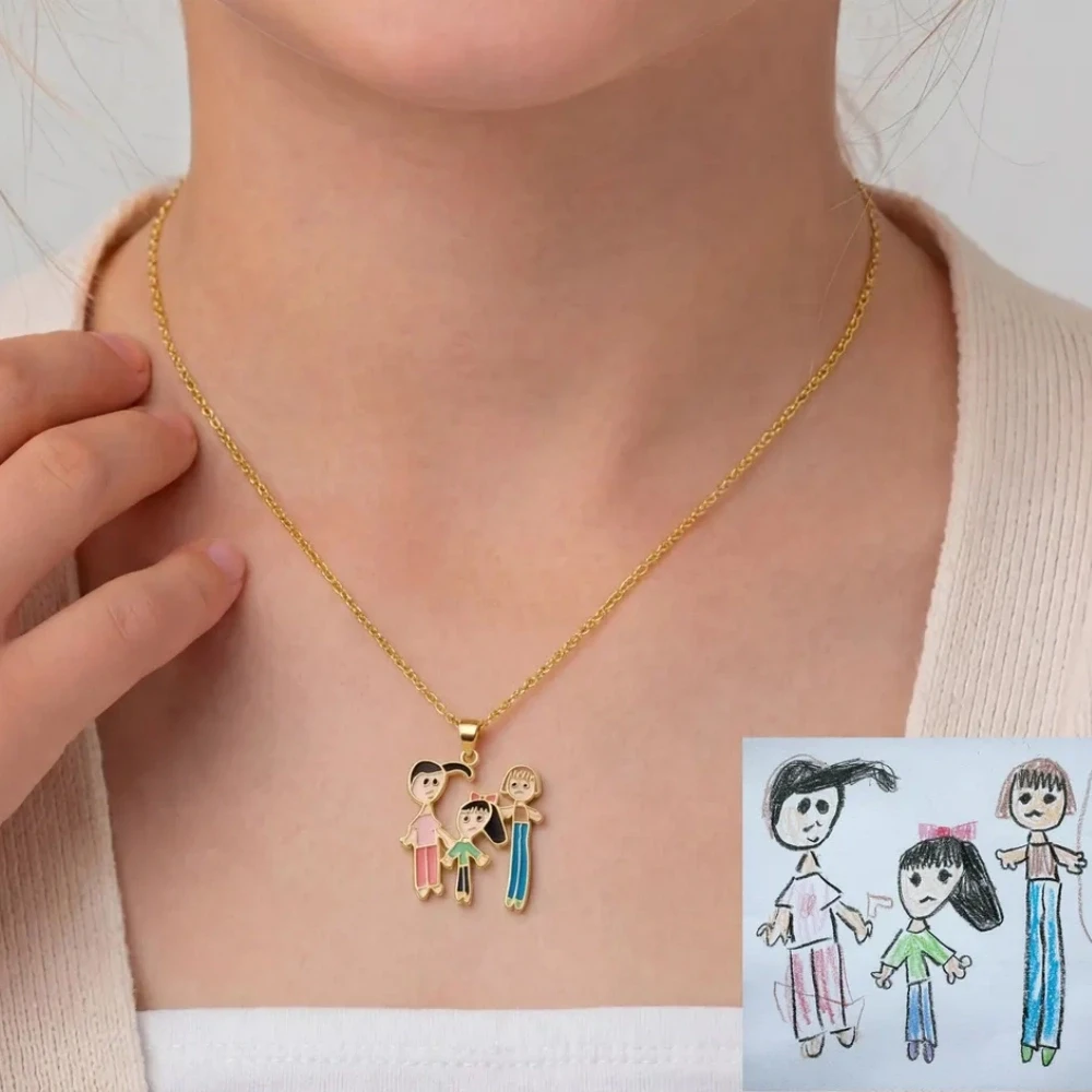 Custom Kids Drawing Necklace Women Children Jewelry Stainless Steel Personalized Painting Sketches Pendant Necklace Mama Gifts