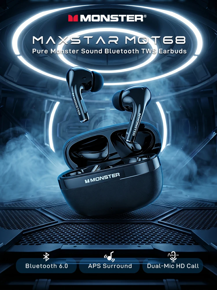 Monster MQT68 Wireless Bluetooth 6.0 Earphones In Ear TWS Wireless Earbuds Sports Bluetooth Headphones for iPhone Samsung Xiaomi