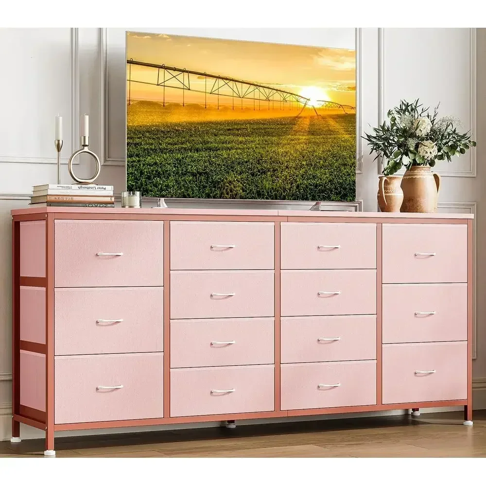 63 Wide Pink Fabric TV Stand for 14 Drawers, Power Outlets, and 65-75 Inch TVs, Ideal for Entertainment Centers and Living Space