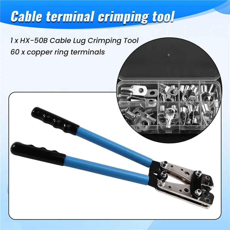

AT02-HX-50B Cable Lug Crimping Tool Kit 60Pcs Copper Ring Terminals 10-1/0 AWG 8 Sizes For Heavy Duty Wire Connections