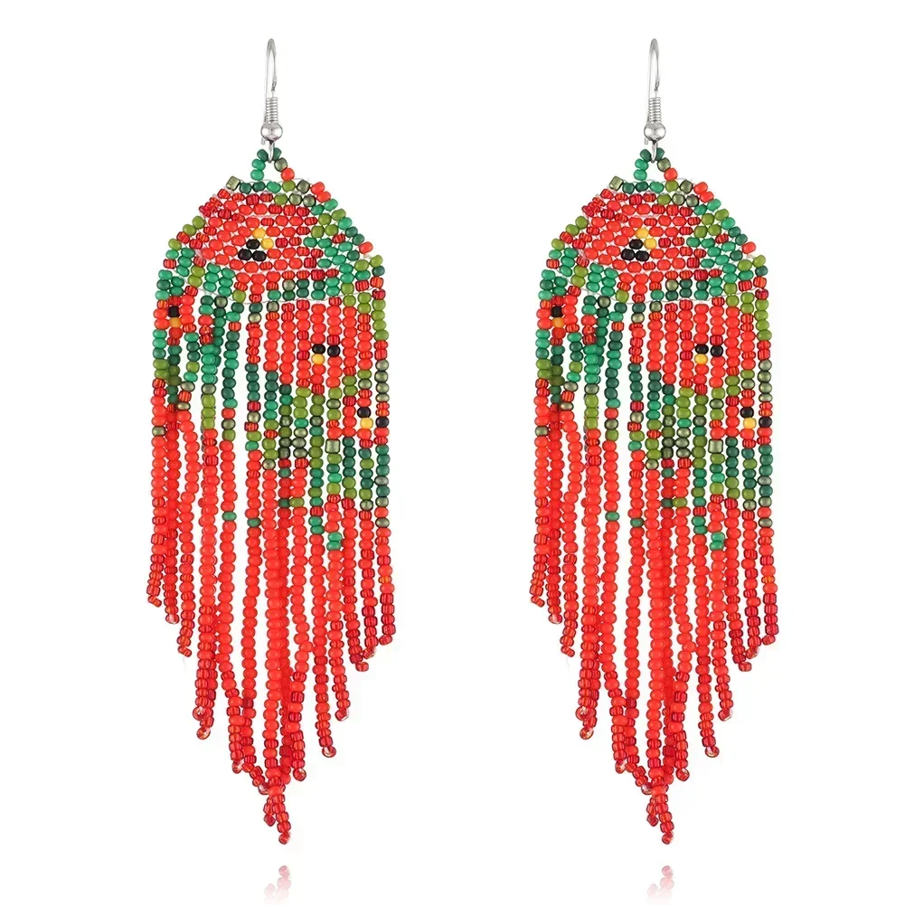 Beaded earrings Tassel lotus Design Red Hand knitting Bohemia Alloy Flowers Originality Simple Trend Female Rice bead earrings
