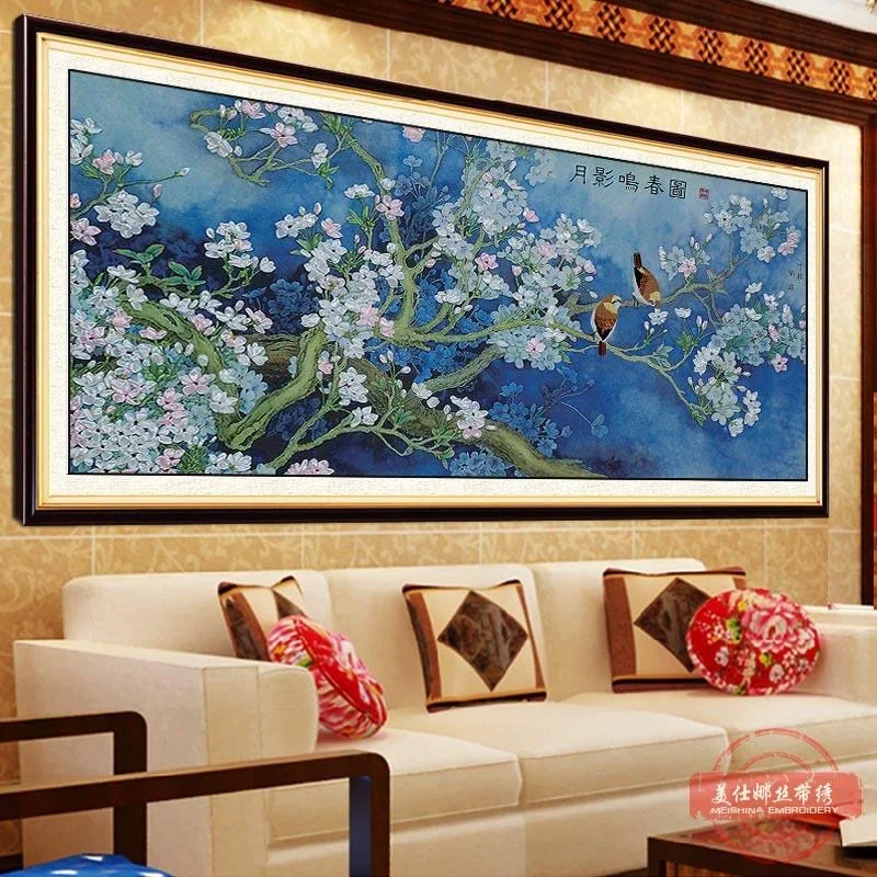 

150x75cm Ribbon Cross stitch Needlework Set for Embroidery Spring Birds Cross-Stitch Painting for Living Room Thanksgiving Gift