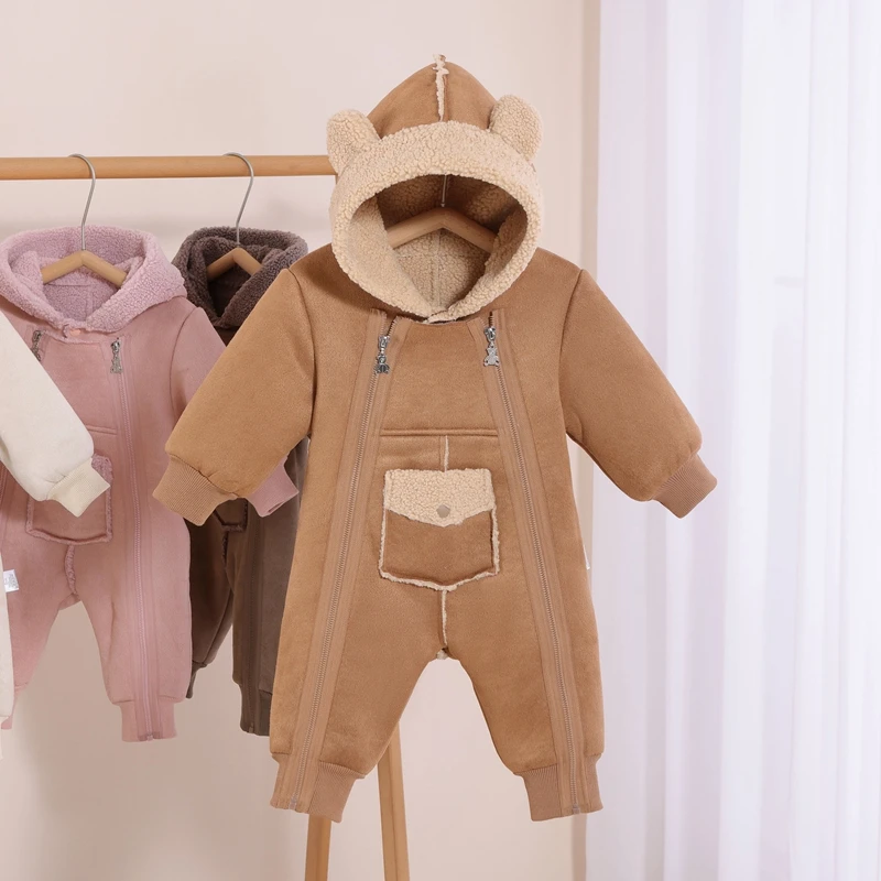 

Newborn Baby Bodysuit 2025 New Fashion Autumn Winter Boys Girls Clothes Warm Infant Jumpsuit Hooded Baby Jacket 0-24 Months