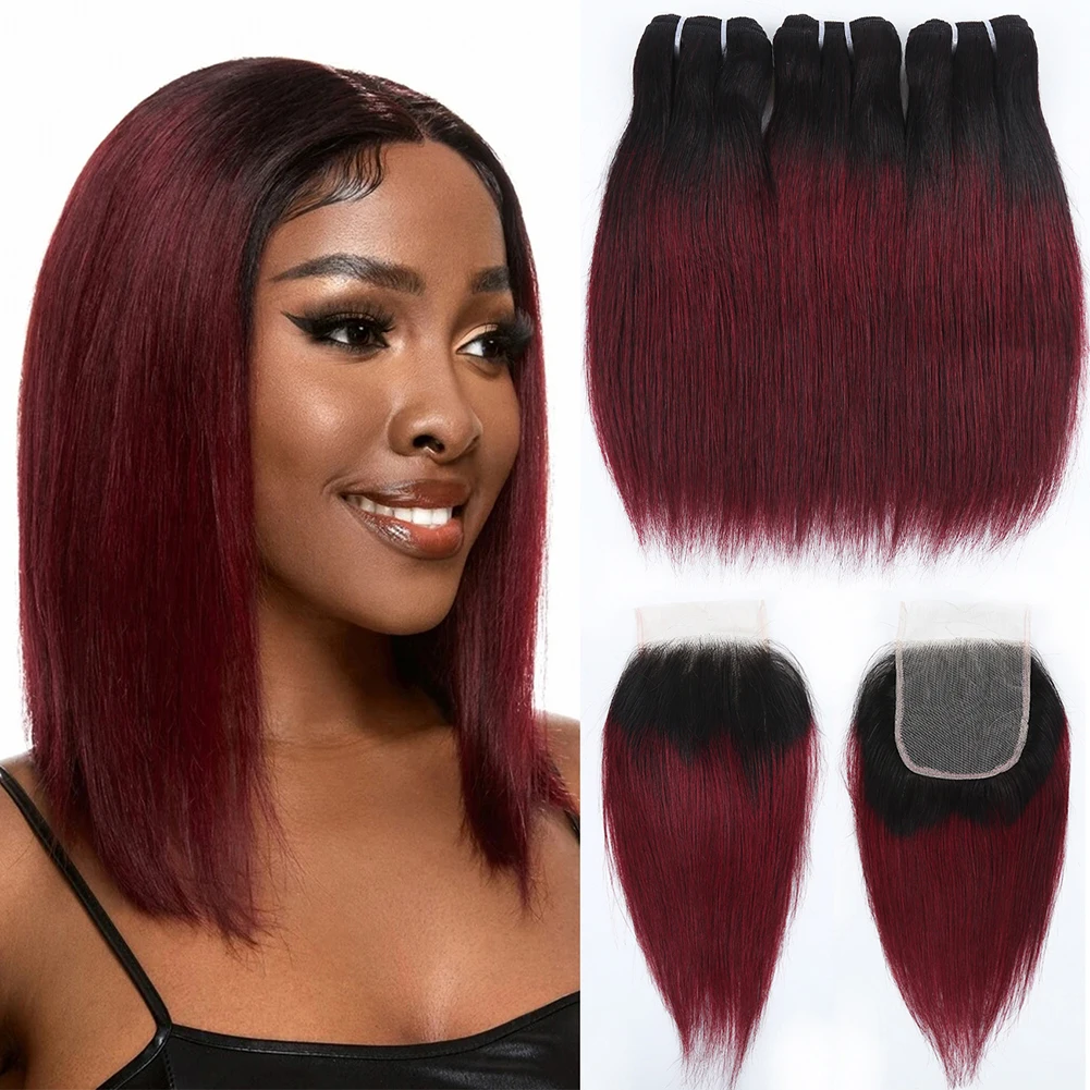 1B99J Human Hair Bundles with Closure Remy Hair Straight Burgundy 3 Bundles with 1 Closure Hair Extension for Women Mixed Color