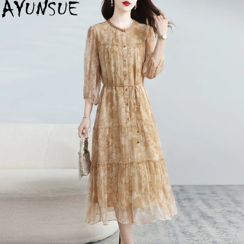 AYUNSUE 100% Natural Mulberry Silk Womens Dresses Elegant Dresses for Women Clothes Summer Dress Waist Lace-up Платье Женское