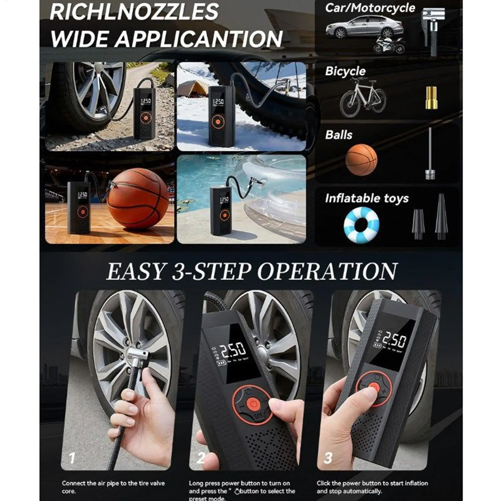 Portable Air Pump Cordless Auto Shut Off With Lights Tire Inflator Portable Air Compressor For Motorcycle Bike Vehicle Electric