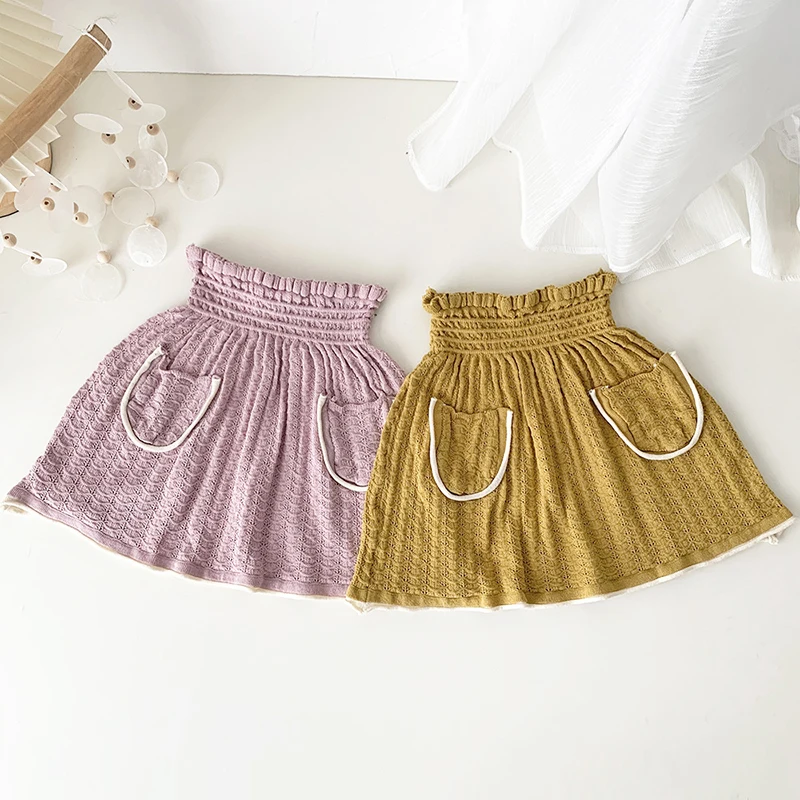 1-7Yrs Summer Baby Girls Knitted Skirts Hollow Out Fashion Girl Sweater Skirt Chidlren Knitted Clothes Skirts High Waisted Kids