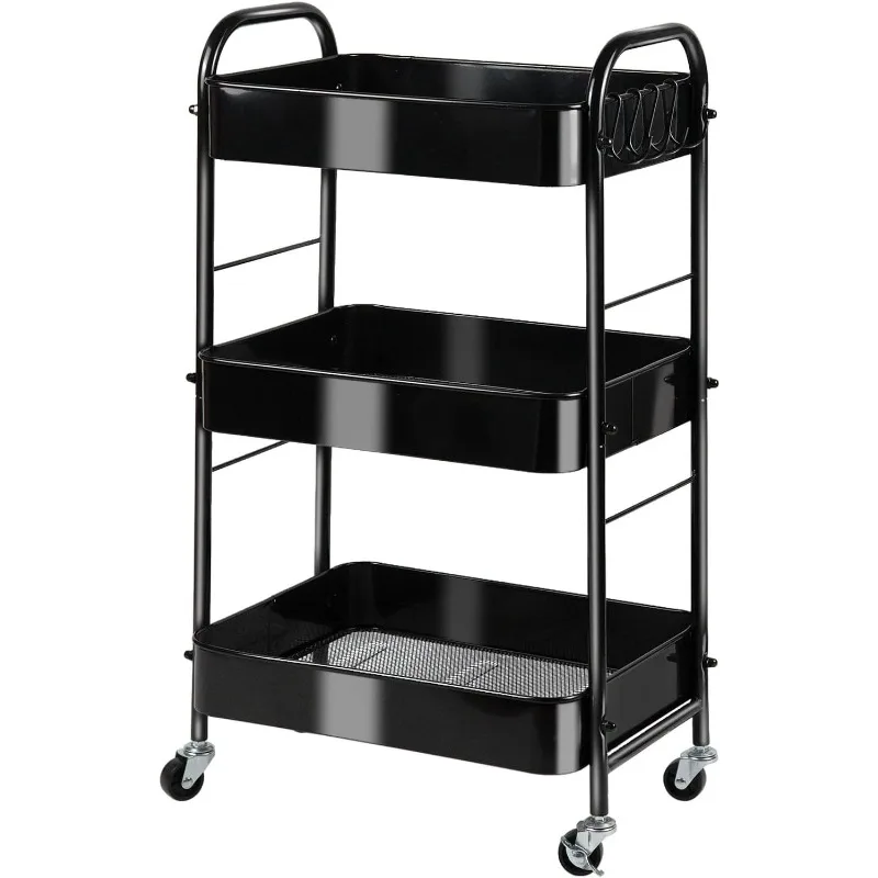 3-Tier Rolling Utility Cart with Stopper Caster Wheels and 4 Hooks, Easy Assembly, for Kitchen, Bathroom, Living Room, Office