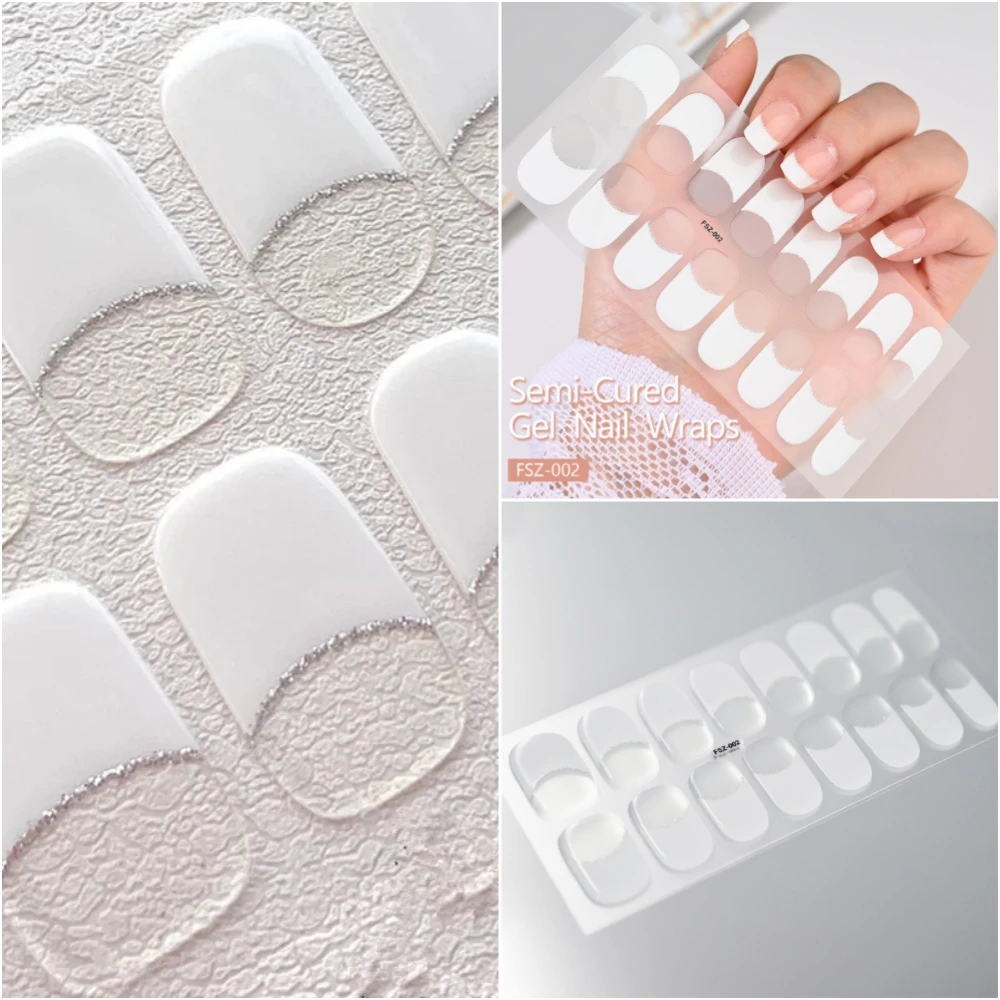 16Tips French White Edge Semi-Cured Gel Nail Wrap Fashion Color Long Lasting Full Cover Waterproof Nail Gel Sticker Wraps Manicu