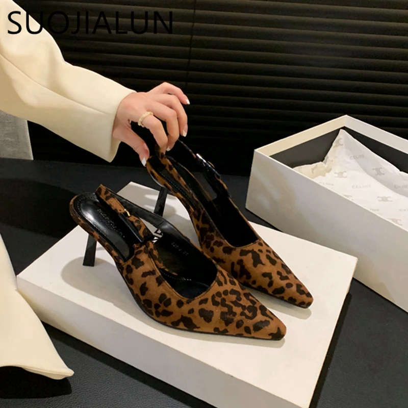 SUOJIALUN Spring New Brand Women Sandal Fashion Pointed Toe Shallow Ladies Elegant Slingback Shoes Thin High Heel Dress Pumps Sh