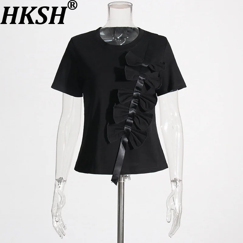

HKSH Новая летняя женская футболка с круглым вырезом и коротким рукавом, асимметричный дизайн с бантом, модная повседневная универсальная футболка HK12181
