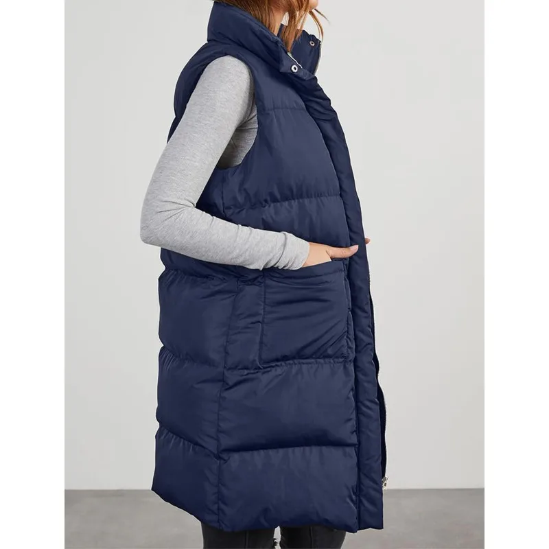 Quilted Down Vest for Women Long Hooded Outdoor Winter Coat Lightweight