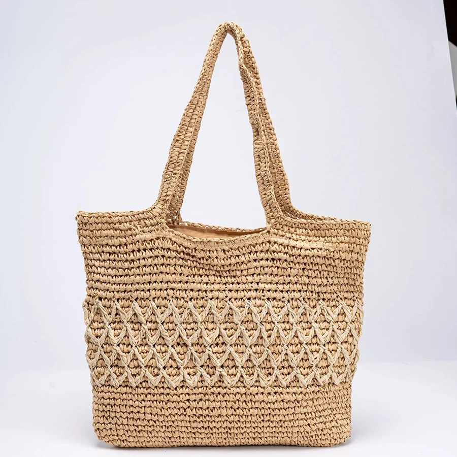 

Женская летняя пляжная сумка-тоут из соломы, ручной работы, большая вместительная сумка с панелями, дизайнерская дорожная сумка, повседневная сумка через плечо с вырезами