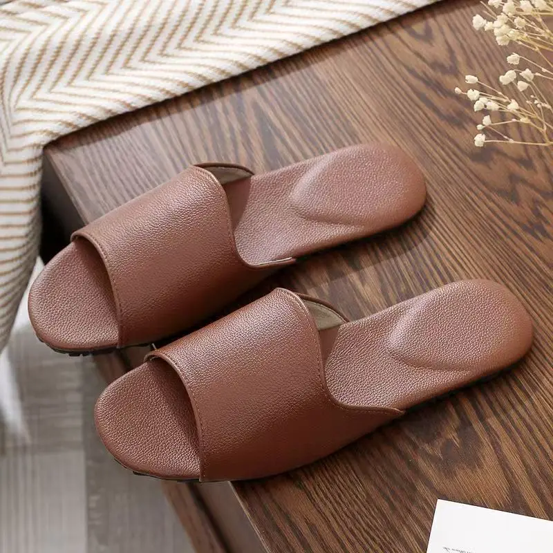 

Men High Quality One Word Genuine Leather Slippers Soft sole Non Slip Breathable Home Slippers Outdoor Slippers Office Slippers