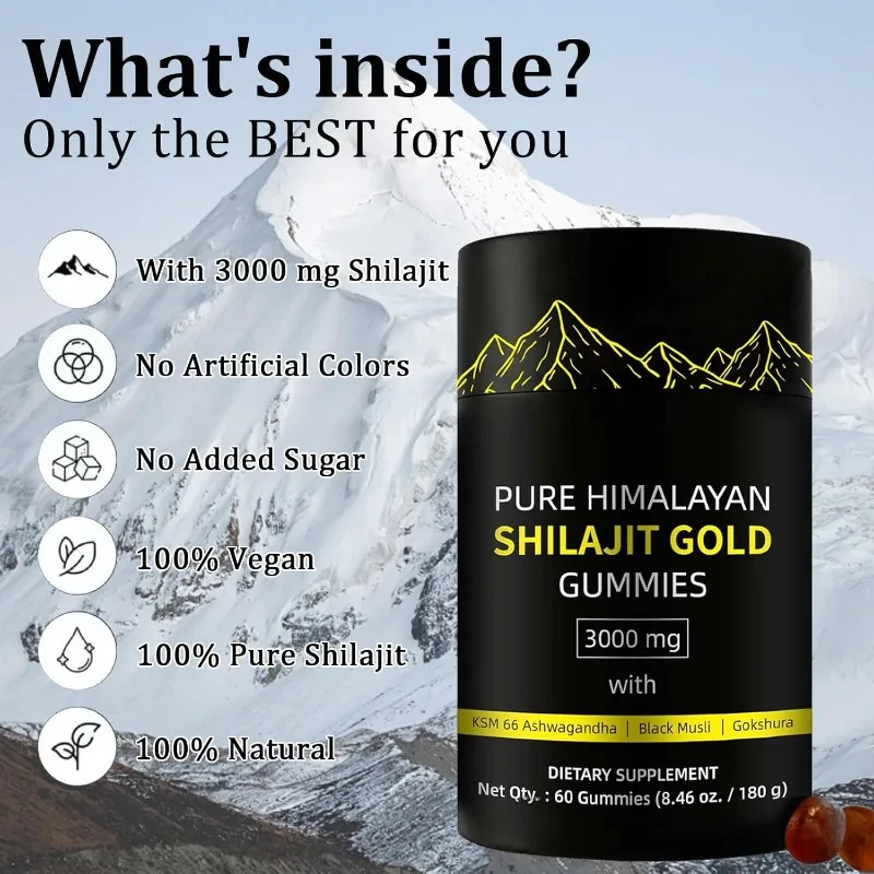 Pure Shilaji Himalayan Rich in Fulvic Acid 85 Micronutrients Suitable for Men and Women 100% Natural Organic 60 Gummies
