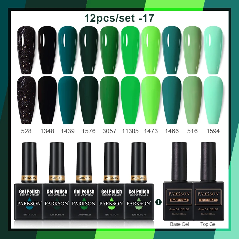 Parkson 12pcs 컬러 젤 폴란드어 세트 UV 글리터 바니시 세미 퍼머넌트 하이브리드 아트 투명 매니큐어
