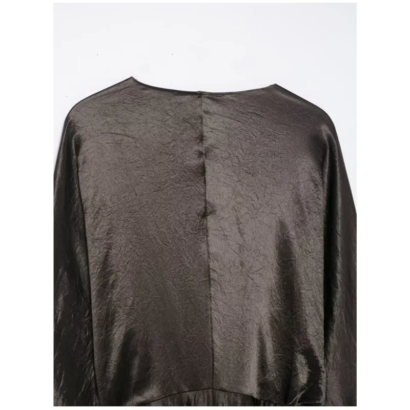 เดรสผ้าซาตินผูกเชือกสำหรับผู้หญิง แบรนด์ HipSeam คอวี แขนครึ่งตัว ทรงตรง ความยาวปานกลาง เหมาะสำหรับฤดูใบไม้ผลิและฤดูร้อน