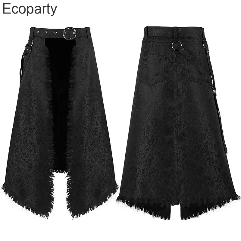 Men's Punk Gothic Pleated Skirt Medieval Black Roman Warrior Cosplay Pu Leather Metal Chian Irregular Skirt Halloween Costume PA